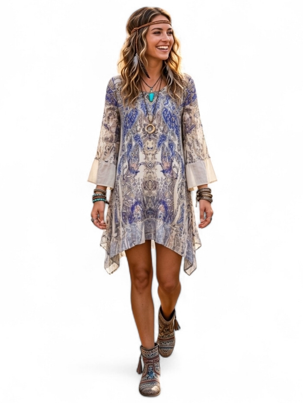 Whimsical Boho Floral Paisley Shark Bite Handkerchief Tunic Dress Festival SZ M